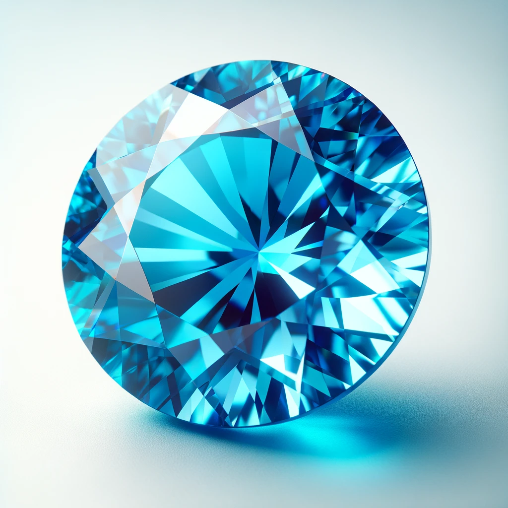 DALL·E 2024 03 07 10.56.55 An image of a round cut vivid blue gemstone with multiple facets that reflect light brilliantly. The gemstone is featured against a light nearly whi