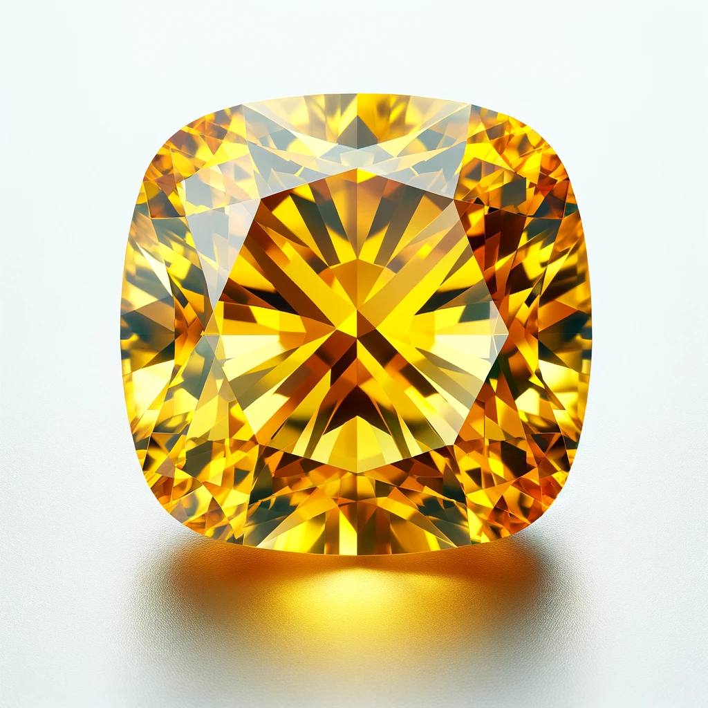 DALL·E 2024 03 07 11.00.11 An image of a cushion cut bright yellow gemstone with multiple facets that reflect light spectacularly. The gemstone is presented against a light ne