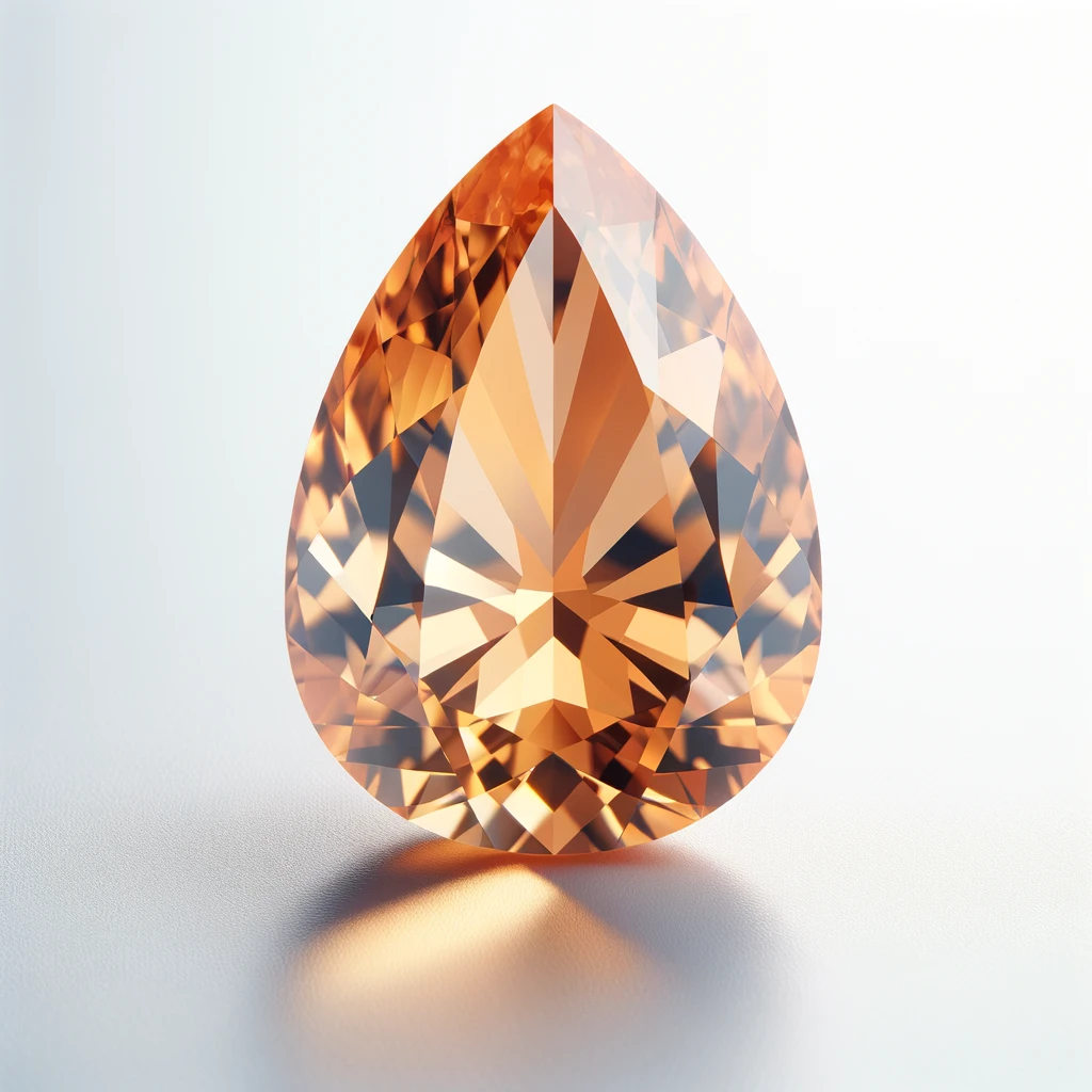DALL·E 2024 03 07 11.03.43 An image of a pear cut pale orange gemstone with multiple facets that reflect light with exceptional brilliance. The gemstone is displayed against a
